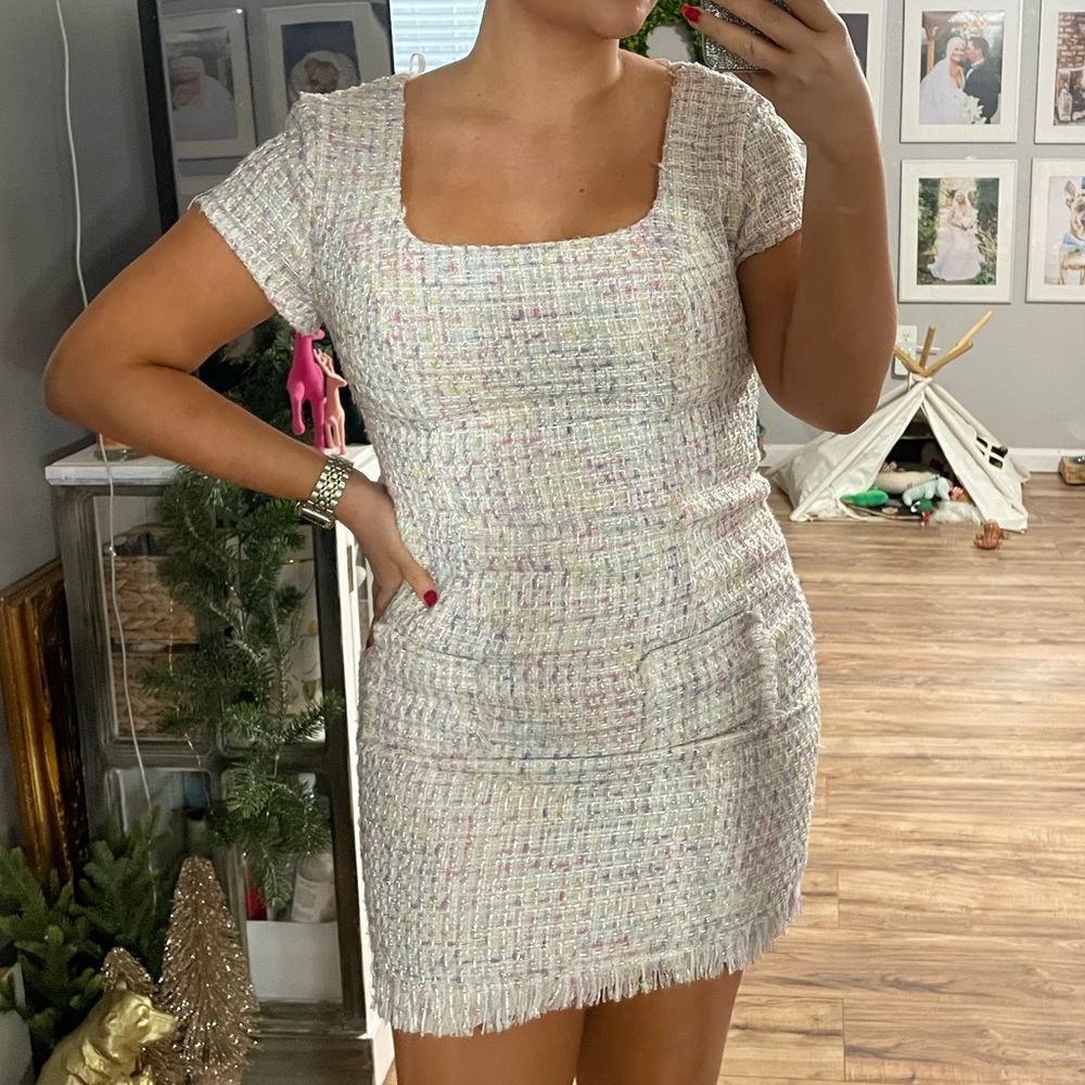 colorful tweed frill dress